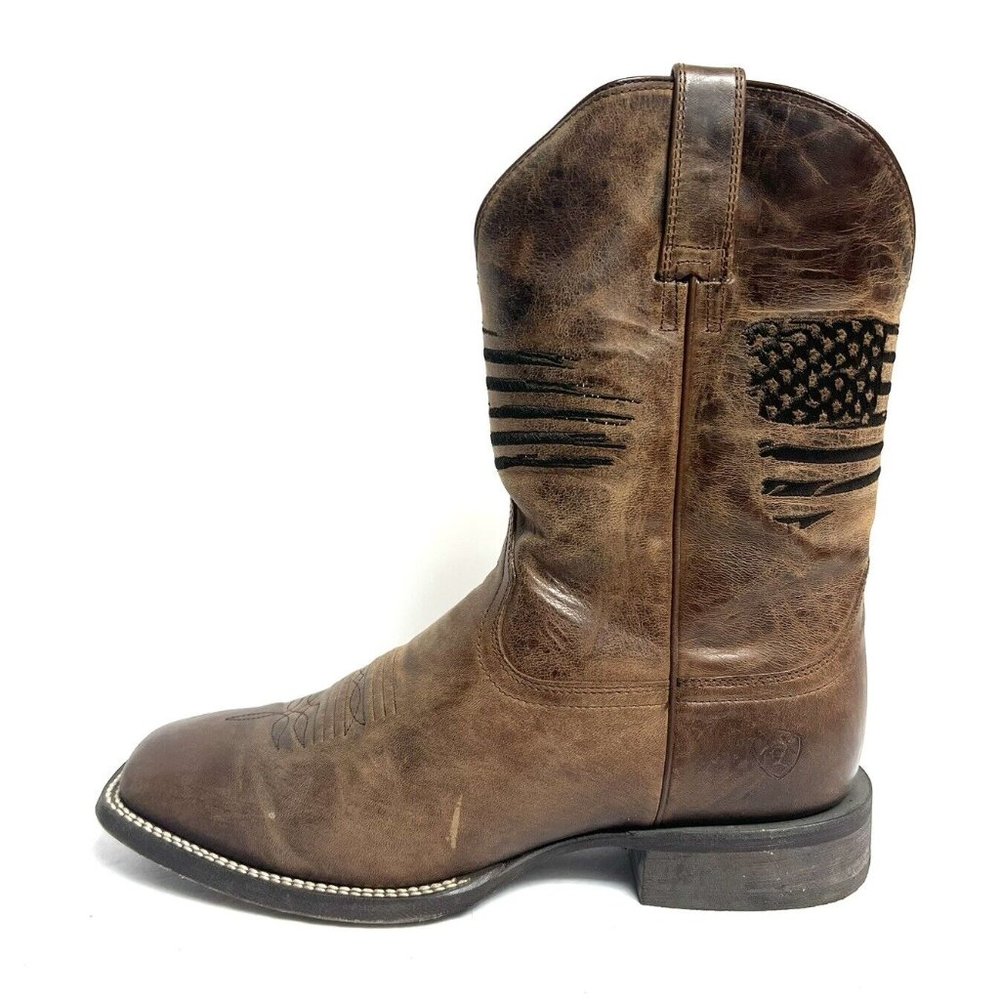 Ariat Brown Leather Cowboy Boots with American Flag Stitching